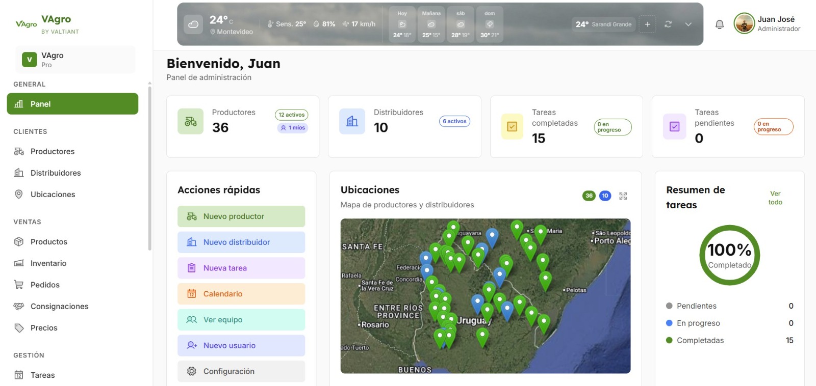 Panel de administración de VAgro — gestión de productores, distribuidores, mapa de ubicaciones y tareas