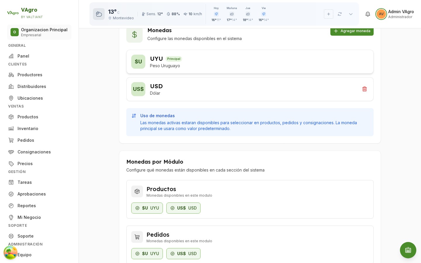 Configuración de monedas por organización en VAgro con monedas locales de Latinoamérica y dólares