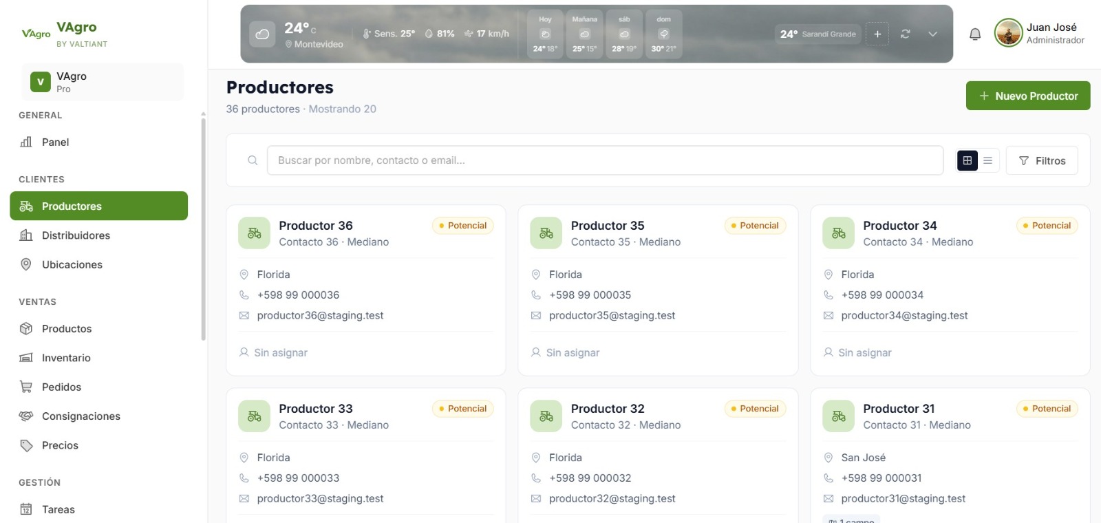 Listado de productores agrícolas en VAgro con búsqueda, filtros y fichas de contacto